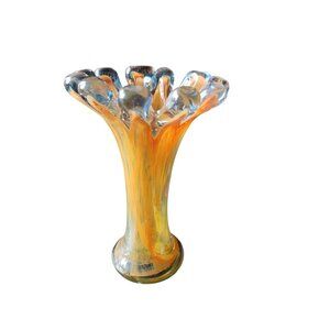 Hand-Blown Murano Orange & Clear Glass 11-Finger Vase UV Reactive 6.5" Tall 4.5"
